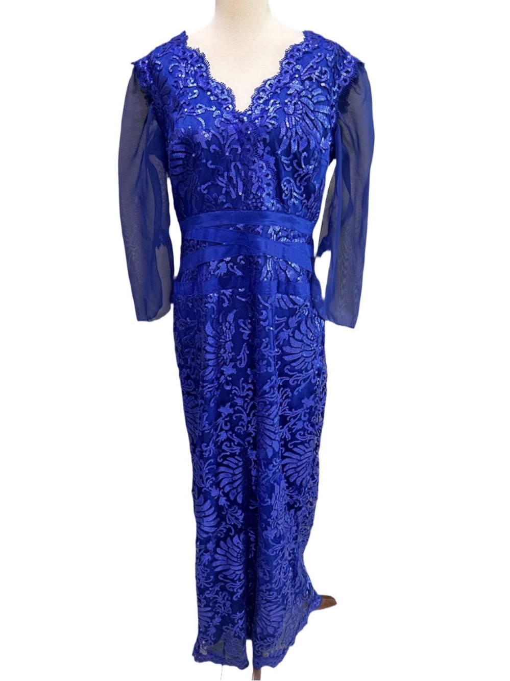 Tadashi Shoji Cobalt Blue Embroidered Lace Long Sleeve Gown 12